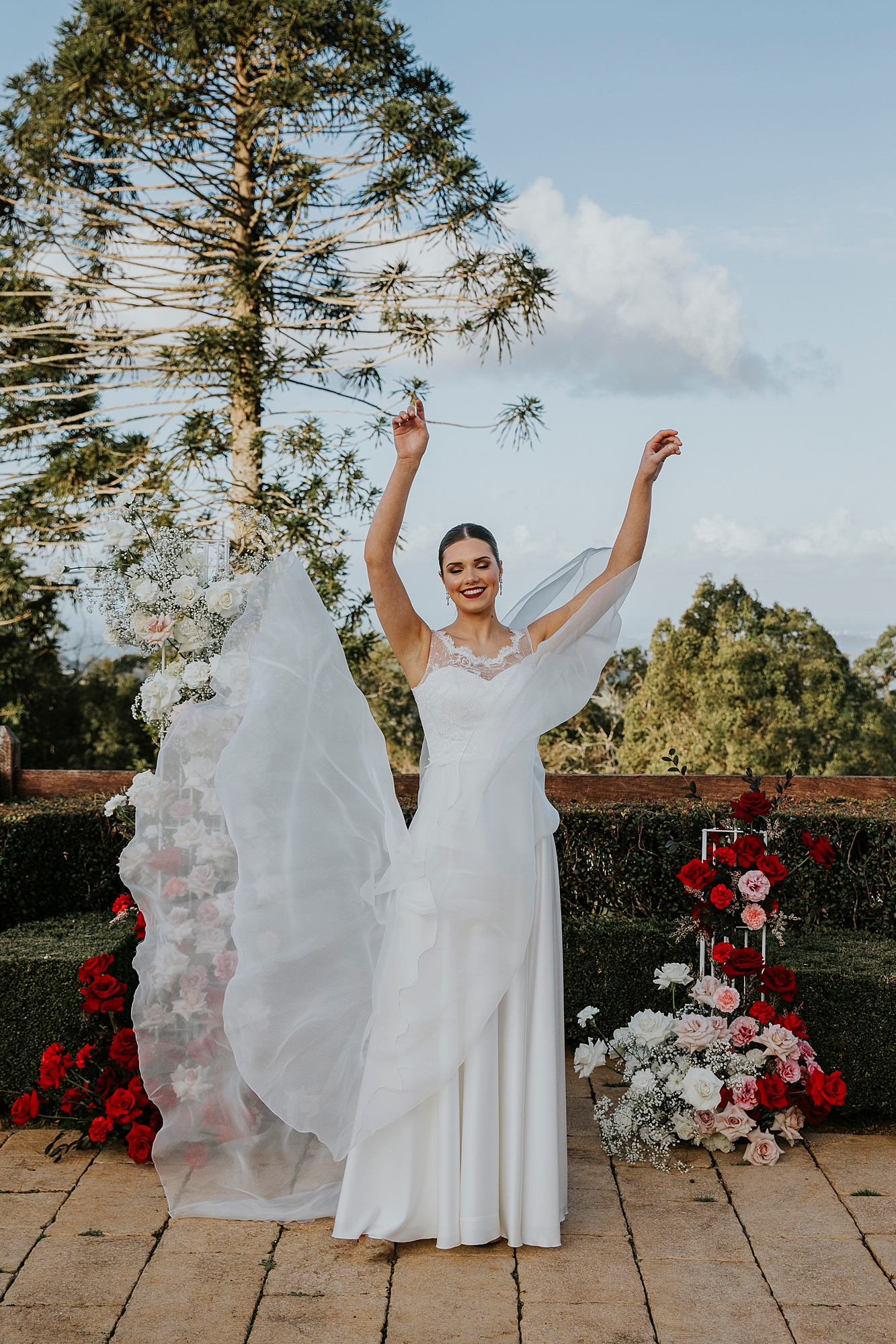 model wearing Paddington Weddings dress at ceremony area