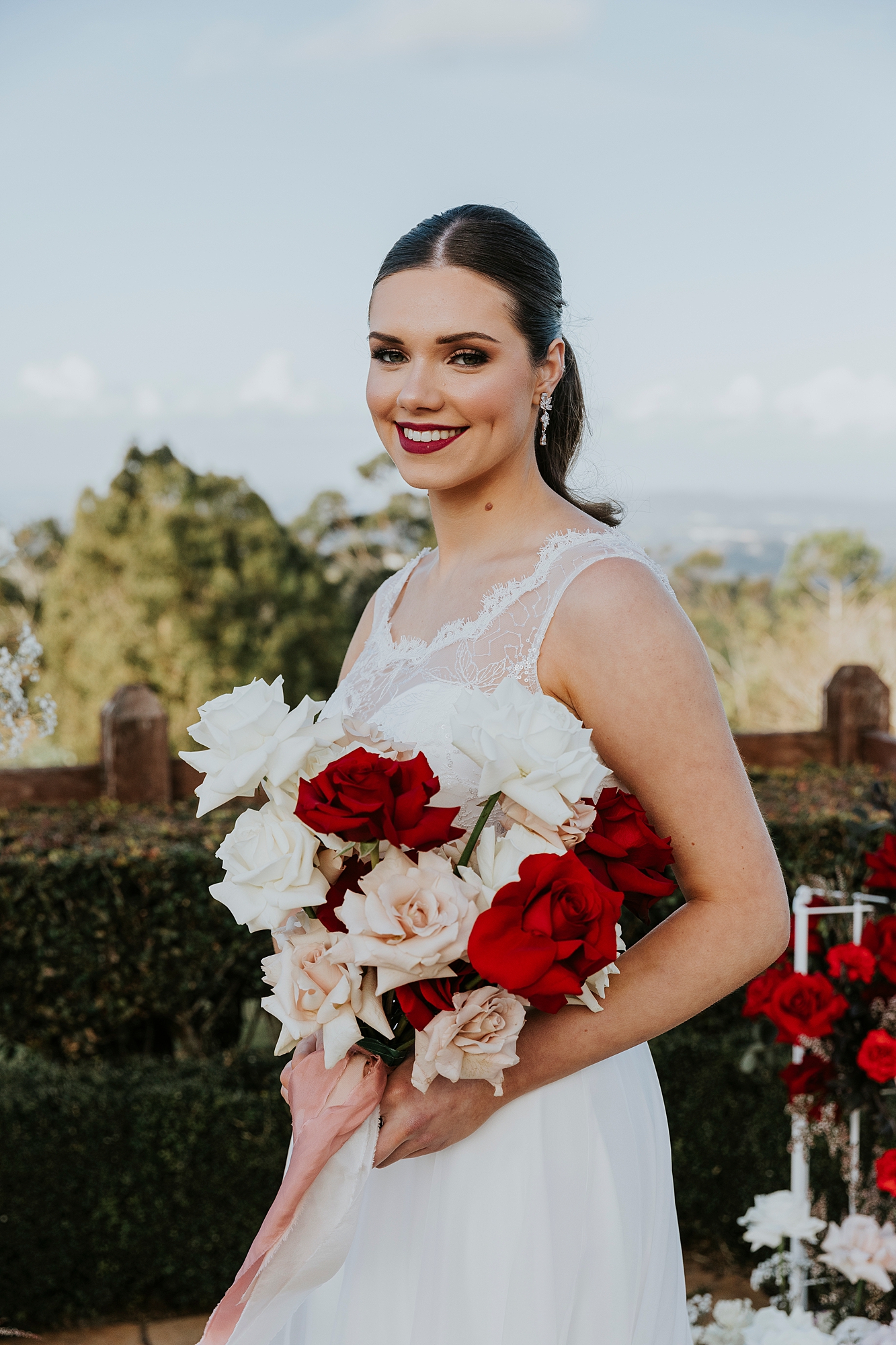 model wearing Paddington Weddings dress at ceremony area